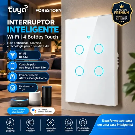 Forestory Interruptor Inteligente Dimmer Wifi 4 Botão Touch Alexa Touch Tuya Smart Life Alexa Google Home Aligenie Yandex Alice Smart Automação Compatível Wifi 2.4ghz Rf433 Bluetooth 100-240v 10a