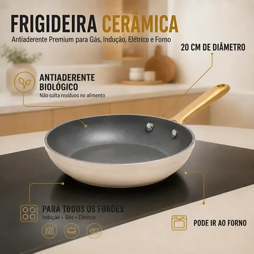 Frigideira Cerâmica Antiaderente 20cm Indução Gás Forno Ppg Bege