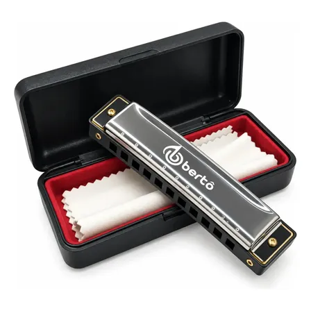 Gaita de Boca Diatônica Bertô Harmônica Profissional Premium em Dó C 10 Furos 20 Tons Cromada para Blues Folk Rock com Estojo