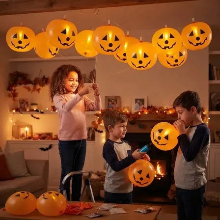 JogoJunto Kit 12 Balões Halloween Abóbora Fantasma 25cm 10 Com LED Luminosos 2 Sem LED Bexigas Laranja Com Bomba de Ar Decoração Festa Dia das Bruxas