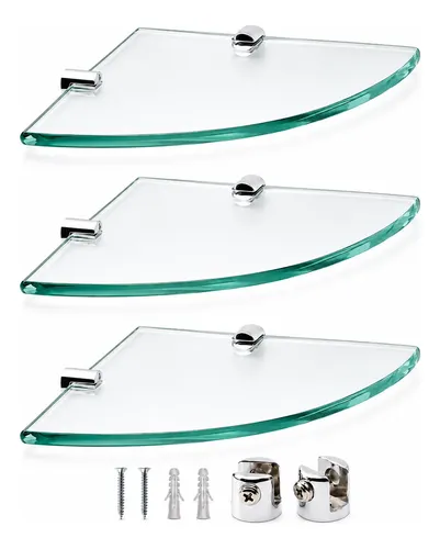 Kit 03 Prateleiras De Vidro Canto De Parede 6mm Suporte Inox