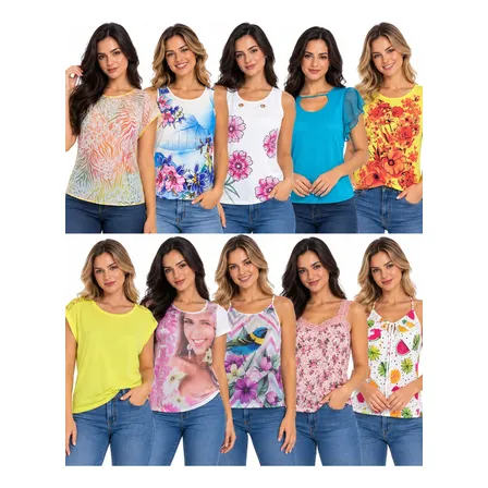 Kit 10 Blusinhas Femininas Sortidas Estampadas Variadas Sortido Estampadas M