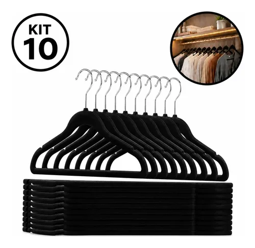 Kit 10 Cabides De Veludo Adulto Fino Antideslizante Roupas Preto