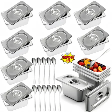 Kit 12 Cuba Inox Sorvete 1/9x100mm Cubas Gastronômicas Com Tampas E Colheres Inox