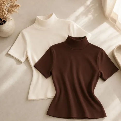 Kit 2 Blusas Feminina Canelada Gola Alta Ribana Básica Marrom/off-white Liso P/m