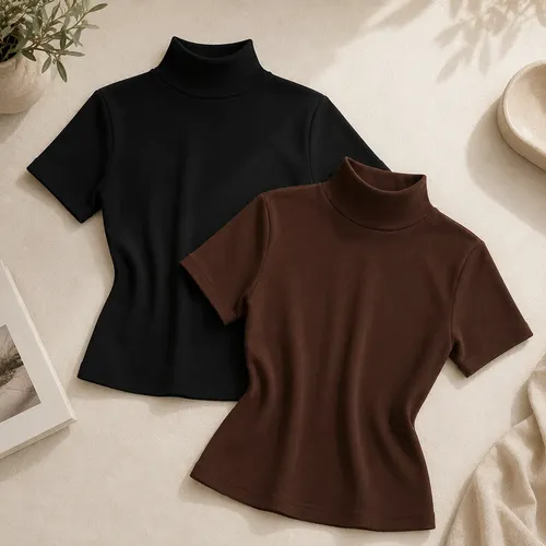 Kit 2 Blusas Feminina Canelada Gola Alta Ribana Básica Preto/marrom Liso G/gg