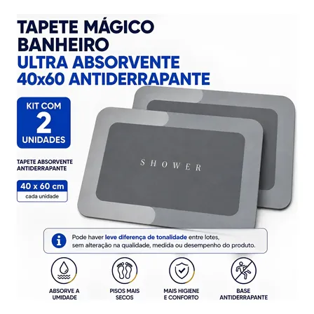 Kit 2 Tapetes Mágico Para Banheiro 40x60 Ultra Absorção Cinza Seca Rápido