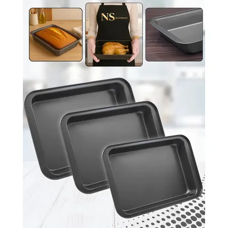 Kit 3 Assadeiras Retangulares Antiaderentes para Forno, de Aço Carbono