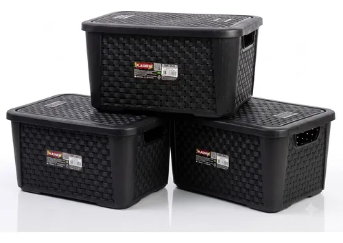 Kit 3 Caixas Organizadoras Com Tampa Multiuso 28,5cm Preto Rattan