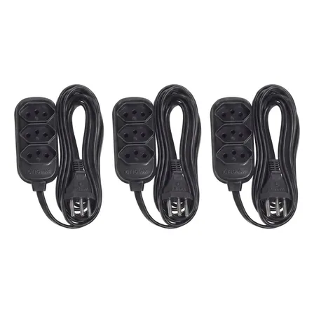 Kit 3 Extensão Elétrica 5 Metros Bivolt 3 Tomada Tripolar Preto 127/220v