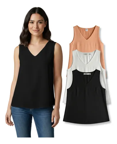 Kit 3 Regatas Duna Feminina Decote V Leve Casual