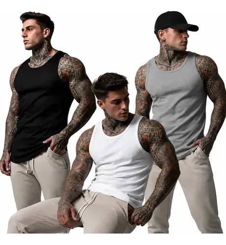 Kit 3 Regatas Masculina Modelo Americano Ribana Canelada Preto-branco-cinza M Personalizado