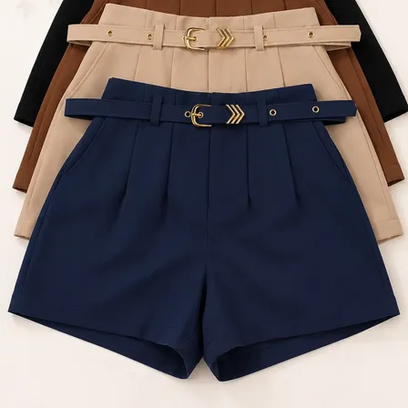 Kit 4 Short Feminino Social Cintura Alta P M G Gg Preto-marrom-bege-azulmarinho Liso M