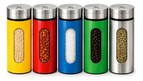 Kit 5 Porta Temperos Inox 96ml com Visor e Tampa Dosadora