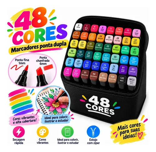 Kit Canetinhas 24 A 80 Cores Ponta Dupla Para Colorir Estojo 48 Cores