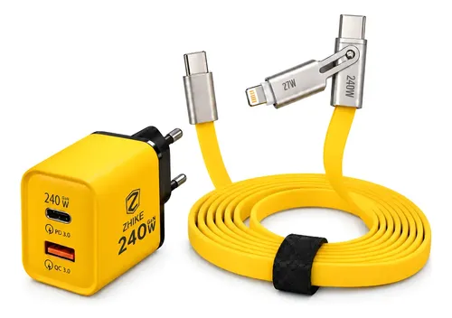 Kit Carregador Tipo C Gan 240w Cabo 2 Em 1 Silicone 2 Metros Amarelo