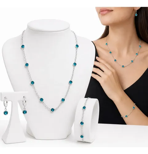 Kit Colar Cordão Com Pulseira + Brinco Argola Azul Prata 925 Azul-turquesa