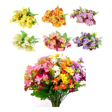Kit Com 6 Buquês De Mini Margarida Artificial Com 7 Galhos Cores Misturadas