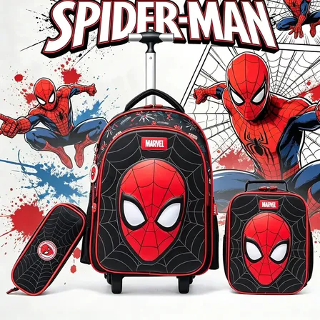 Kit Escolar Infantil Mochila Rodinhas Estojo Lancheira Marvel Homem Aranha Preto/Vermelho