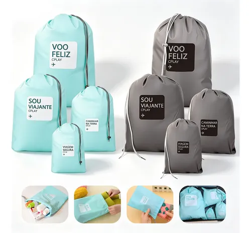 Kit Organizador Mala 8 Pcs Impermeavel Cordao Roupas Viagem Azul Celeste. Marrom