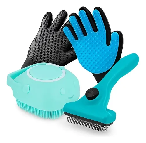 Kit Tira Pelos - Luva + Escova + Dispenser Azul-celeste