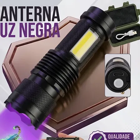 Lanterna Uv Luz Negra Tática Recarregável Escorpiao Violeta Negra Uv E Branca Alumínio/preta