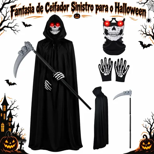 Lictin Fantasia De Ceifador Para O Halloween,Cosplay De Shinigami,Con Capa Com Capuz, Tiara, Luvas, Óculos E Foice;Fantasias Assustadoras Para Festa De Halloween,Tamanho: 140 cm