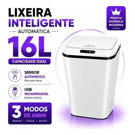 Lixeira Inteligente Automática 16L Sensor Infravermelho Recarregável USB-C 3 Modos Tampa Touch Banheiro Cozinha