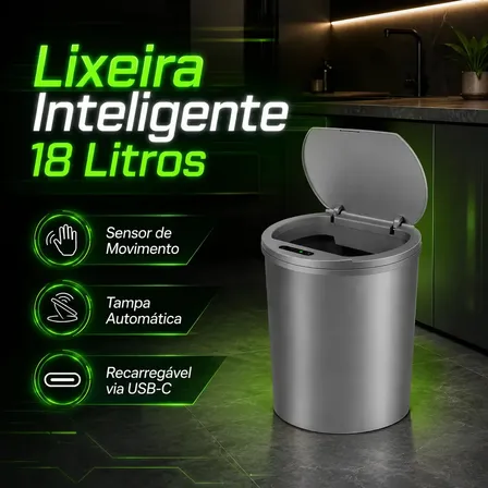 Lixeira Inteligente Sensor Automático 16l Cor cinza Recarregável Smart Banheiro E Cozinha Moderna