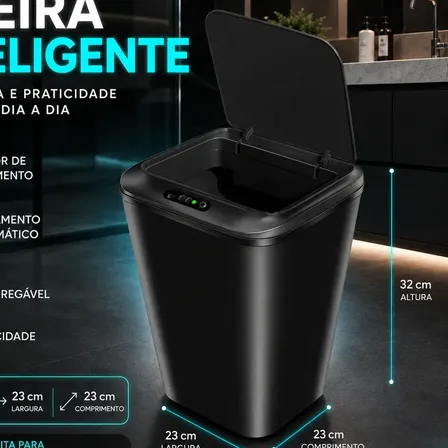 Lixeira Smart Inteligente 16 Litros Quadrada Sensor De Movimento Automático No Touch Preta