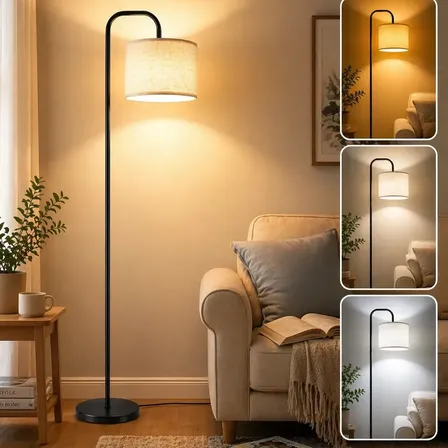 Luminária de Chão E27 60W Sem Lâmpada, Luminária de Cabeceira Moderna com Cúpula de Linho, Luz Suave para Sala, Quarto e Escritório, Abajur de Piso com Interruptor de Pedal, Tieesa Preto