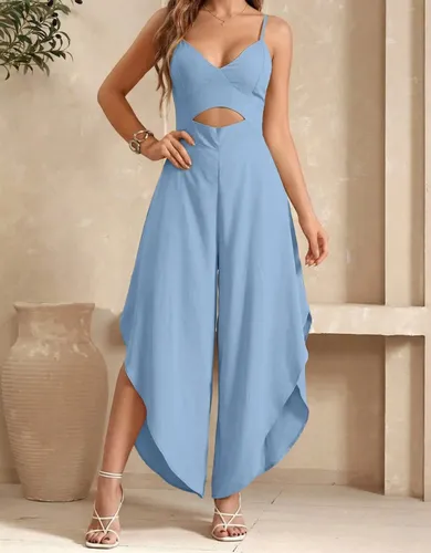 Macacão Longo Pantacourt Alcinha Viscose Fenda Soltinha Top Azul-claro M