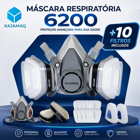 Mascara De Pintura Premium Reutilizável Com Carvao Ativado Máscara 3 Semi Facial Completa Respirador 6200 + Kit 10 Filtros 5n11 Proteção Respiratória Gases Poeira Pó Cartucho 6001 Químico Vapores G