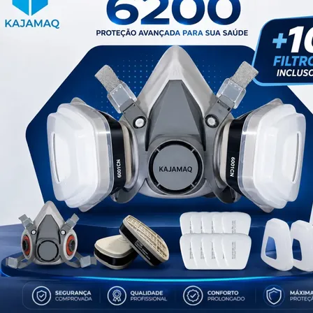 Mascara Pintura funilaria Premium Reutilizável Carvao Ativado Máscara 3 Semi Facial Completa Respirador 6200 + Kit 10 Filtros 5n11 Proteção Respiratória Gases Poeira Pó Cartucho 6001 Químico Vapores