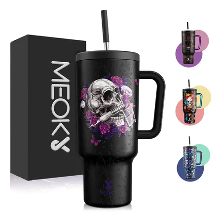 Meoky Copo Térmico 1200ml Caveiras Com Tampa E Canudo