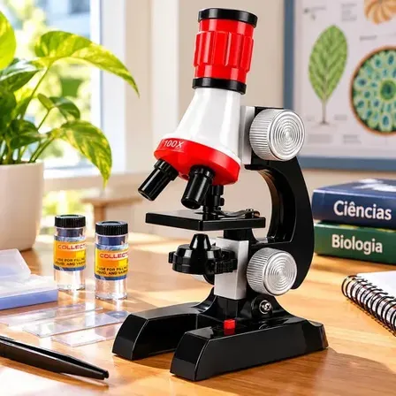 Microscópio Educacional Monocular Biologia Stem 100x 400x 1200x Cor Branco-vermelho-preto