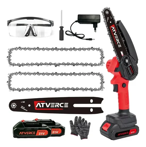 Motosserra Elétrica a Bateria Atverce 21V sem Fio 800W para Podar com 2 Correntes e Kit de Acessórios