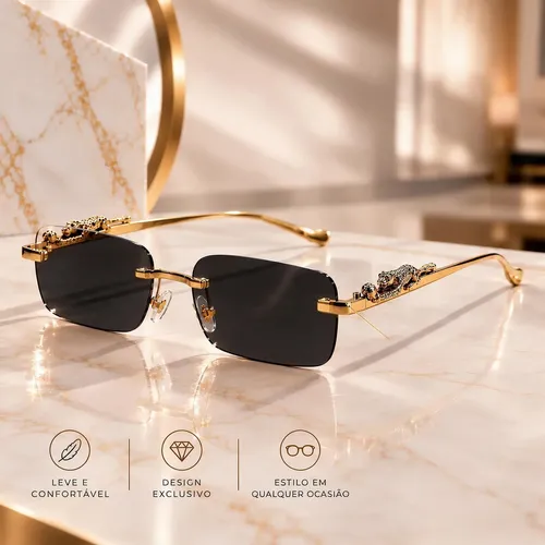Óculos De Sol Sem Aro Leopardo Luxo Banhado Unissex + Case Preto