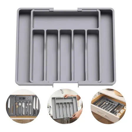 Organizador De Talheres Cozinha C/ Extensor-8 Compartimentos Cinza