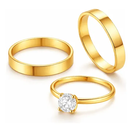 Par Alianças Ouro 18k 4mm Reta + Solitário Pedra Branca Luxo