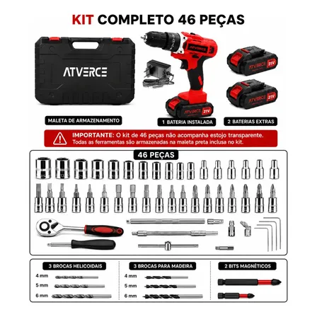 Parafusadeira Furadeira de Impacto Atverce, sem Fio, com 2 Baterias e Kit 46 Peças