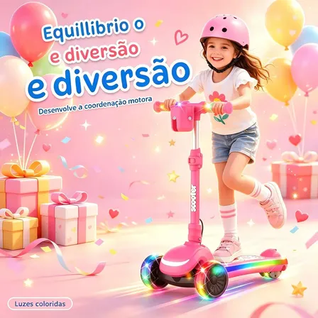 Patinete Elétrico Infantil XROYMEXROY Luzes 360° Bluetooth Suporte de Copo Guidão Ajustável em Altura Seguro Velocidade Segura 3 a 8 anos 100W Para Passeios Parque Rosa