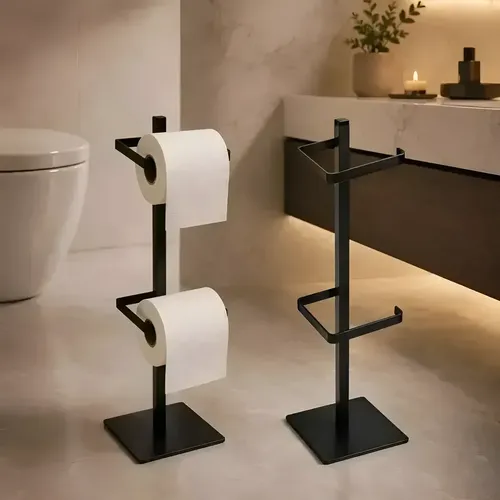 Porta Papel Higiênico Duplo De Chão Banheiro Para 2 Rolos Preto