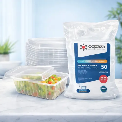Pote Descartável 500ml Freezer Microondas 50un Tampa Marmita Transparente