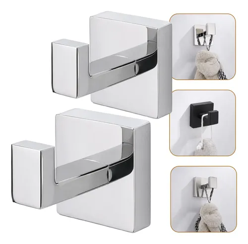 Pro Kit Suporte Gancho Cabide Parede Quadrado Banheiro Inox Prateado Brilhante Kit 2