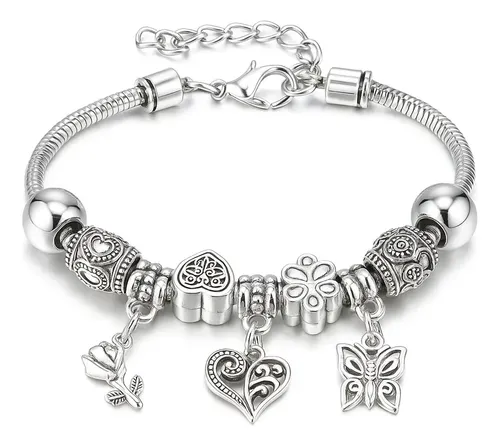Pulseira Berloques Pingentes Prata Life Coracao Desenhos Cor