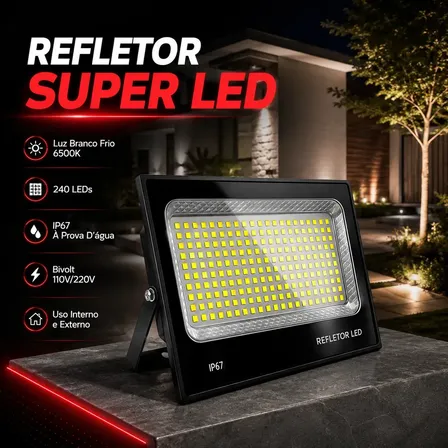 Refletor Super Led 600w Ip67 Holofote Bivolt Prova D'água Branco Frio 6500k Preto Commlite