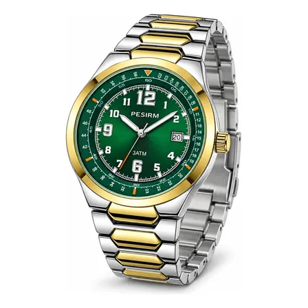 Relógio De Pulso Masculino Social Quartzo Com Calendário Prata E Ouro Verde