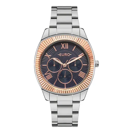 Relógio Euro Feminino Multiglow Bicolor - Eu6p29ajd/4a Correia Prata Bisel Rosê Fundo Azul