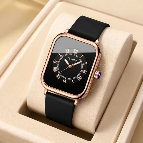 Relógio Feminino Qianhui Quadrado Silicone Preto Minimalista